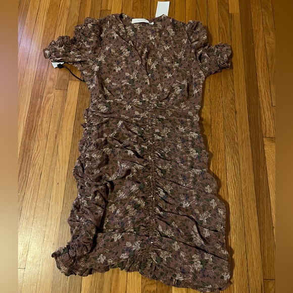 ASTR THE LABEL | Short Sleeve Taupe Ruched Floral Mini Dress - Picture 3 of 7